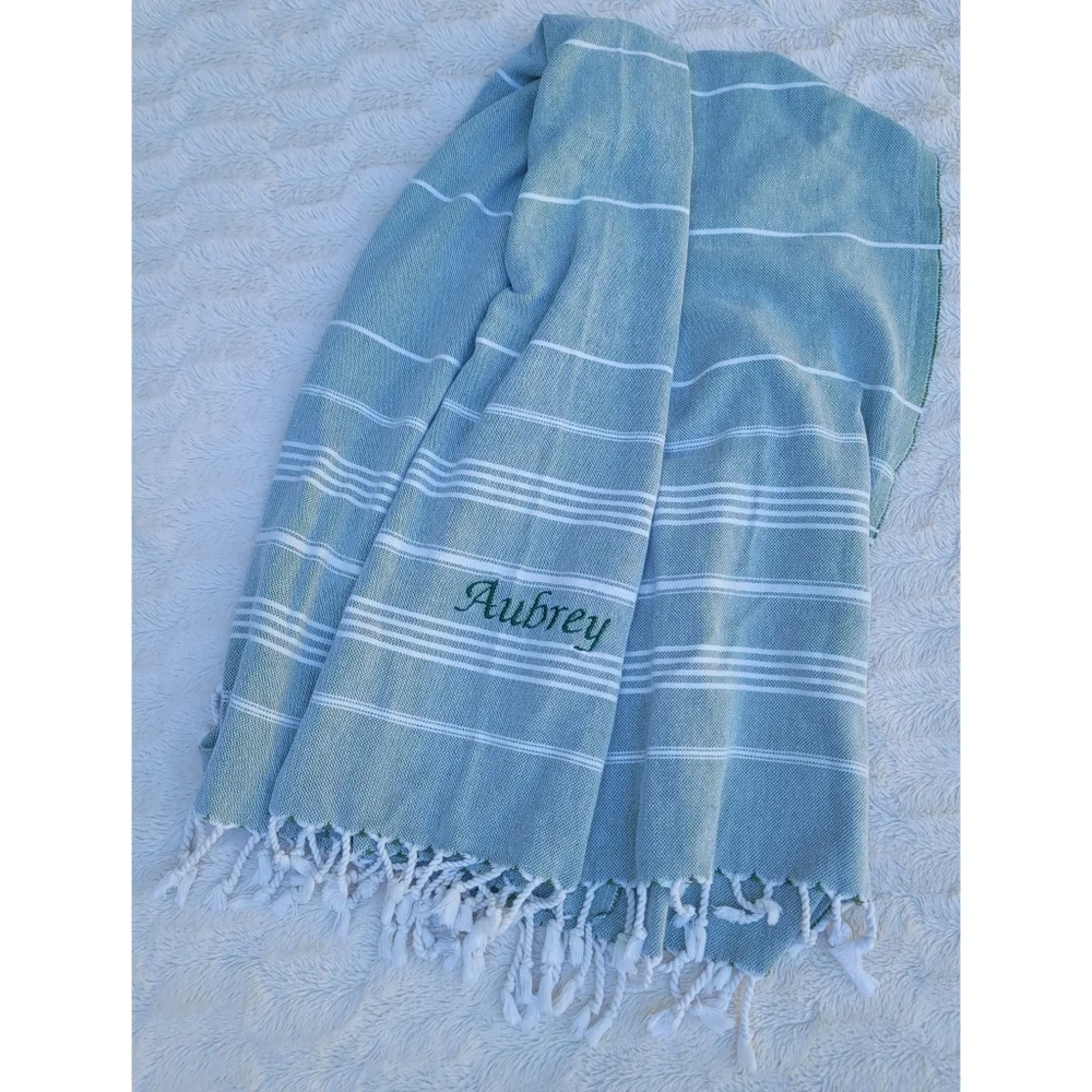 Aubrey personalized Turkish green striped Beach Towel blanket